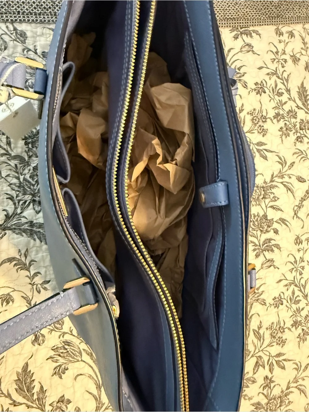 Tory Burch Periwinkle Leather Robinson Tote with Gold Logo Charm